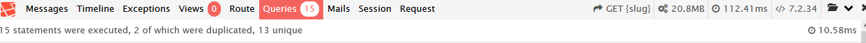 Screenshot of Laravel Debugbar with 15 database queries